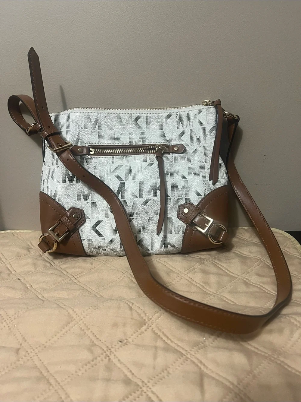 Michael Kors White and Brown MK Logo Crossbody with Leather Trim